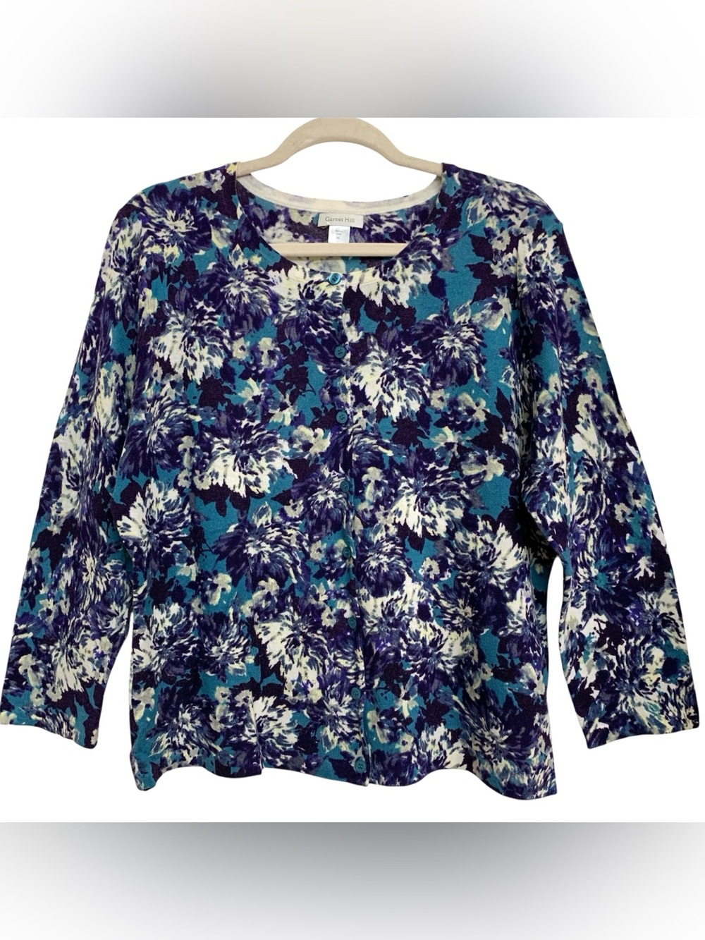 Garnet Hill Eco Merino Wool Blue Floral Cardigan Sweater Women’s XL Lightweight